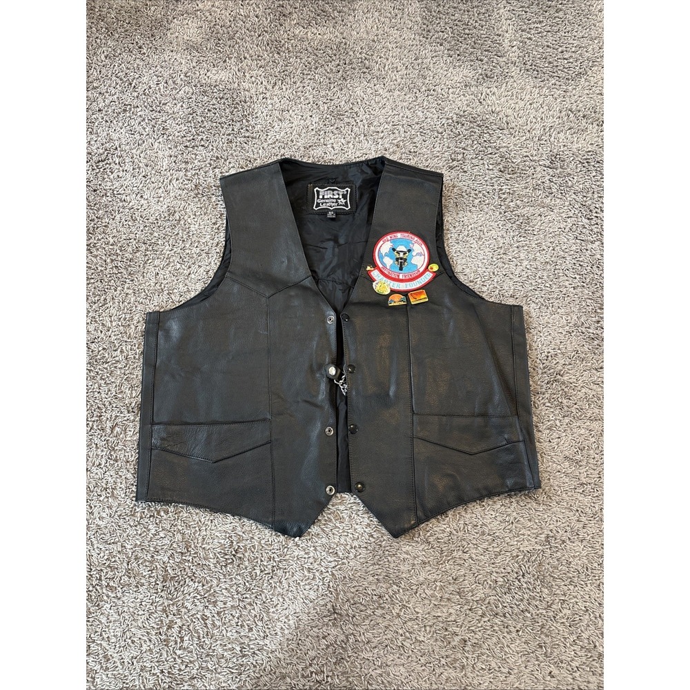 Vintage Leather Sleeveless Snap Biker Vest with Gold Wing BACK PATCH Eagle